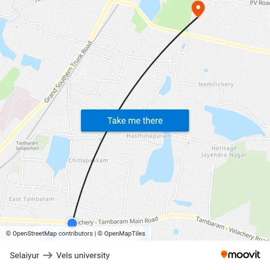 Selaiyur to Vels university map
