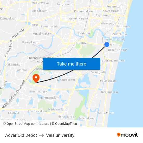 Adyar Old Depot to Vels university map