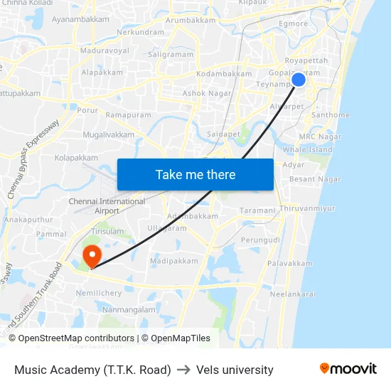 Music Academy (T.T.K. Road) to Vels university map