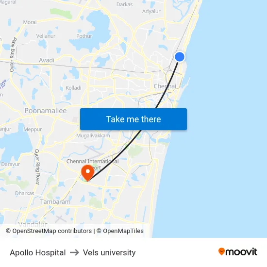 Apollo Hospital to Vels university map