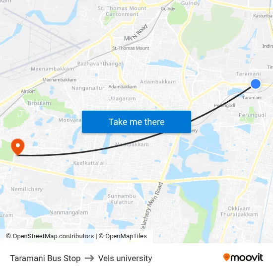 Taramani Bus Stop to Vels university map