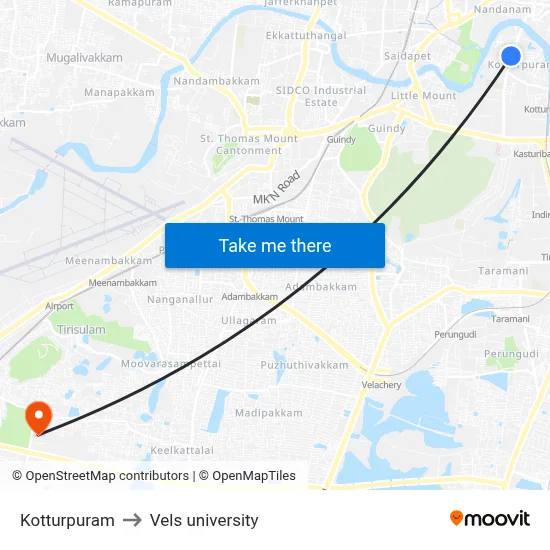 Kotturpuram to Vels university map