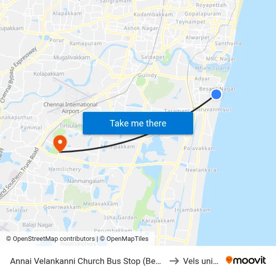 Annai Velankanni Church Bus Stop (Besant Nagar Church) to Vels university map