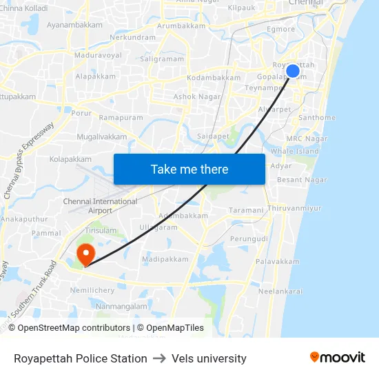 Royapettah Police Station to Vels university map