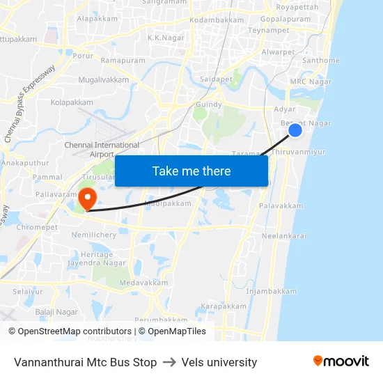 Vannanthurai Mtc Bus Stop to Vels university map