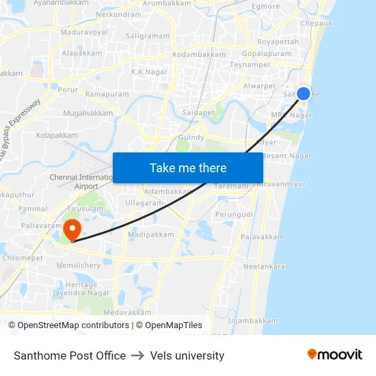 Santhome Post Office to Vels university map