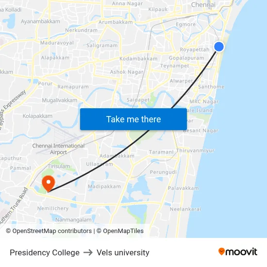 Presidency College to Vels university map