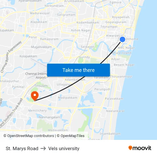 St. Marys Road to Vels university map