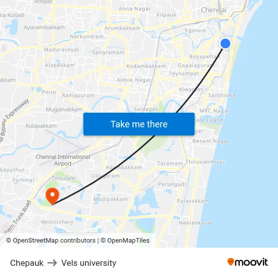 Chepauk to Vels university map