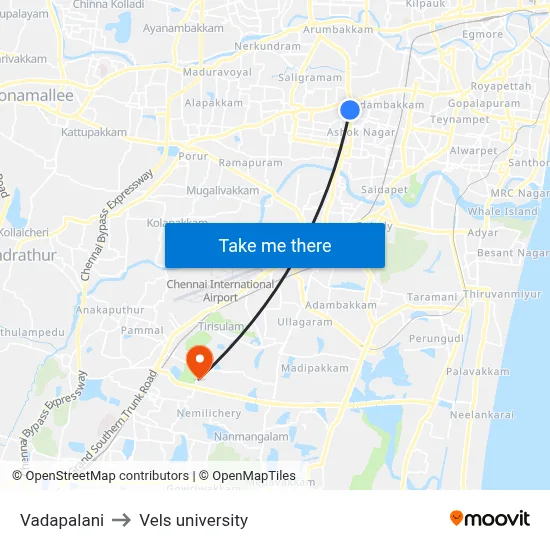 Vadapalani to Vels university map