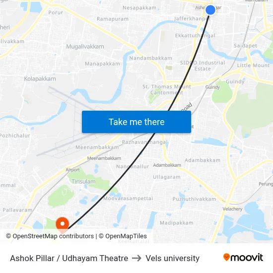 Ashok Pillar / Udhayam Theatre to Vels university map