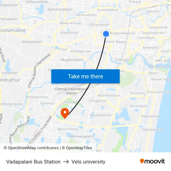 Vadapalani Bus Station to Vels university map