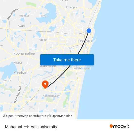 Maharani to Vels university map
