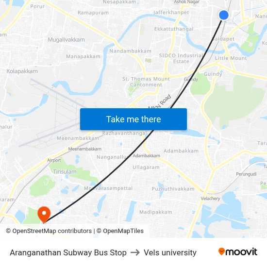 Aranganathan Subway Bus Stop to Vels university map