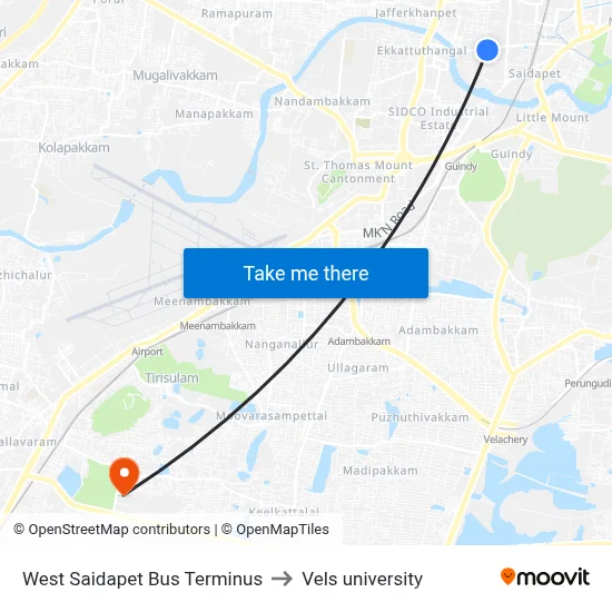 West Saidapet Bus Terminus to Vels university map