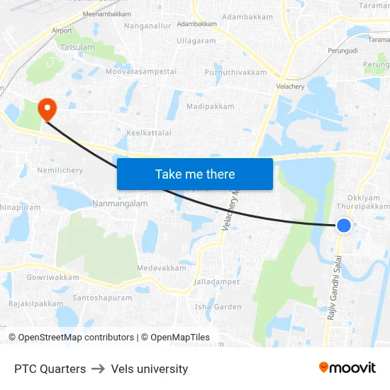 PTC Quarters to Vels university map