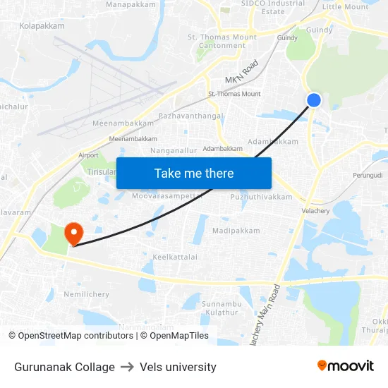 Gurunanak Collage to Vels university map
