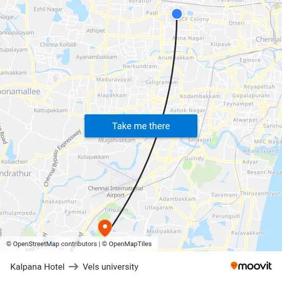 Kalpana Hotel to Vels university map