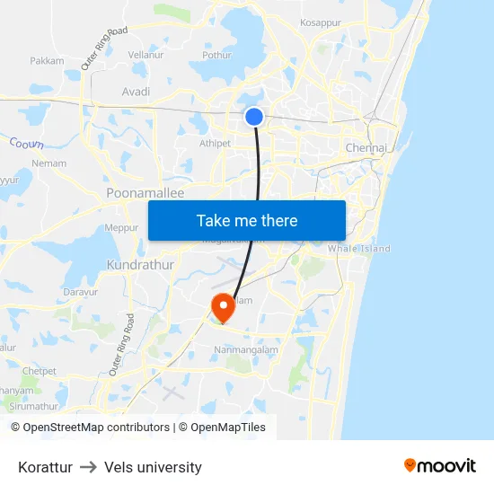 Korattur to Vels university map