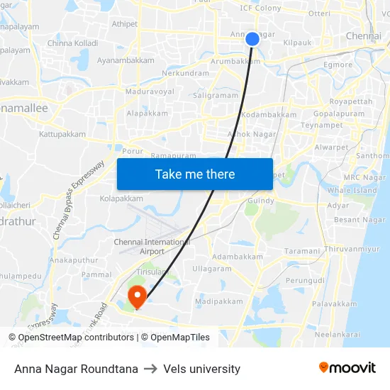 Anna Nagar Roundtana to Vels university map