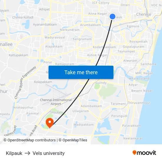 Kilpauk to Vels university map