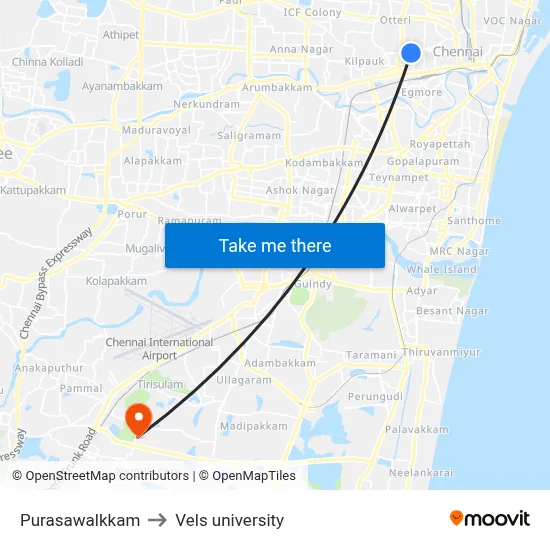 Purasawalkkam to Vels university map