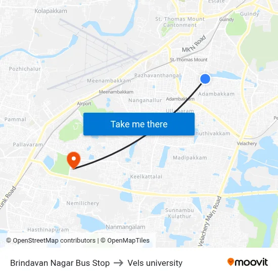 Brindavan Nagar Bus Stop to Vels university map