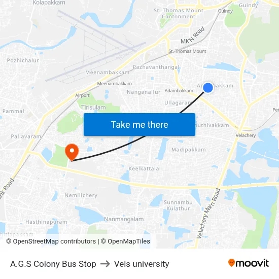 A.G.S Colony Bus Stop to Vels university map
