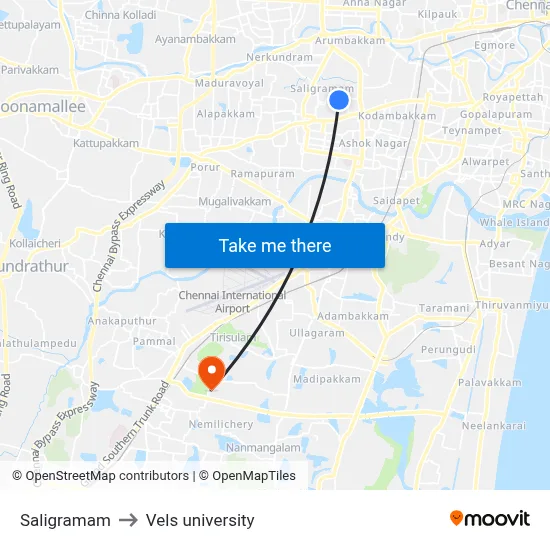 Saligramam to Vels university map