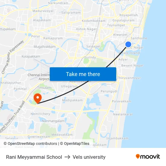 Rani Meyyammai School to Vels university map