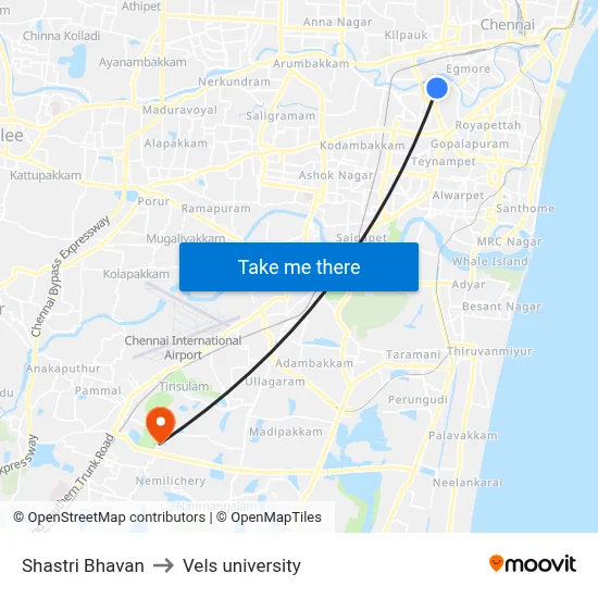 Shastri Bhavan to Vels university map