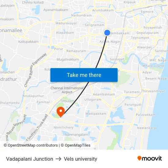 Vadapalani Junction to Vels university map
