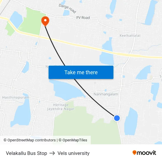 Velakallu Bus Stop to Vels university map
