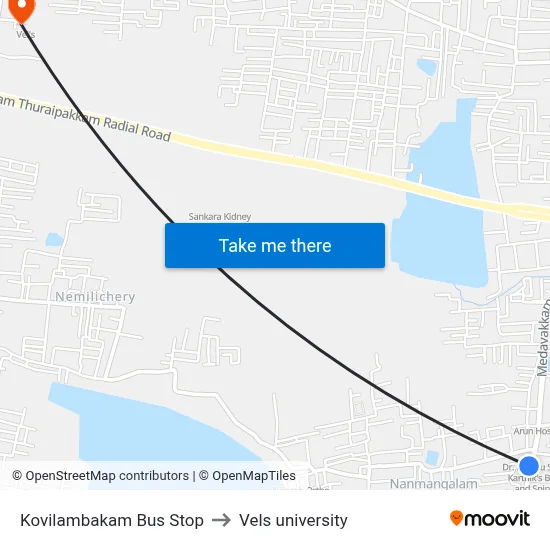 Kovilambakam Bus Stop to Vels university map