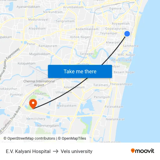 E.V. Kalyani Hospital to Vels university map