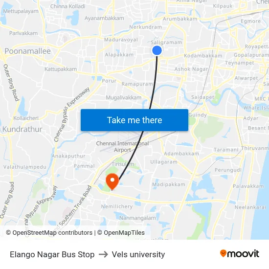 Elango Nagar Bus Stop to Vels university map
