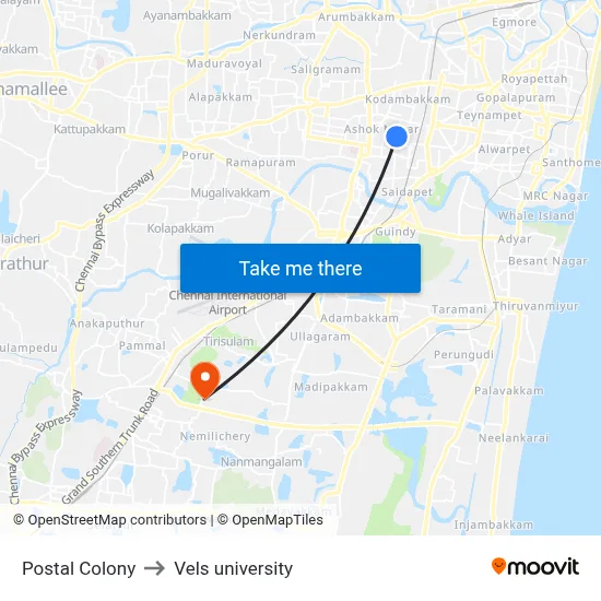 Postal Colony to Vels university map