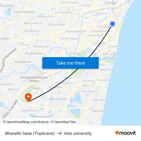 Bharathi Salai (Triplicane) to Vels university map