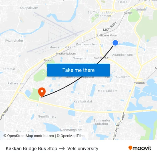 Kakkan Bridge Bus Stop to Vels university map