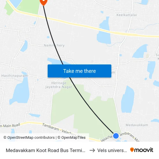 Medavakkam Koot Road Bus Terminus to Vels university map