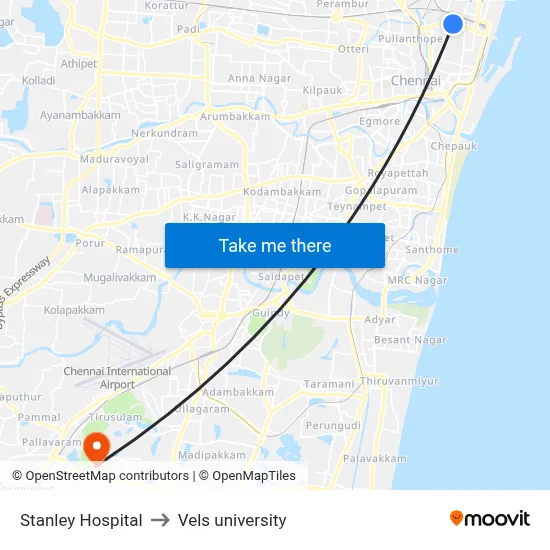 Stanley Hospital to Vels university map