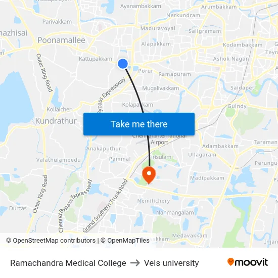 Ramachandra Medical College to Vels university map