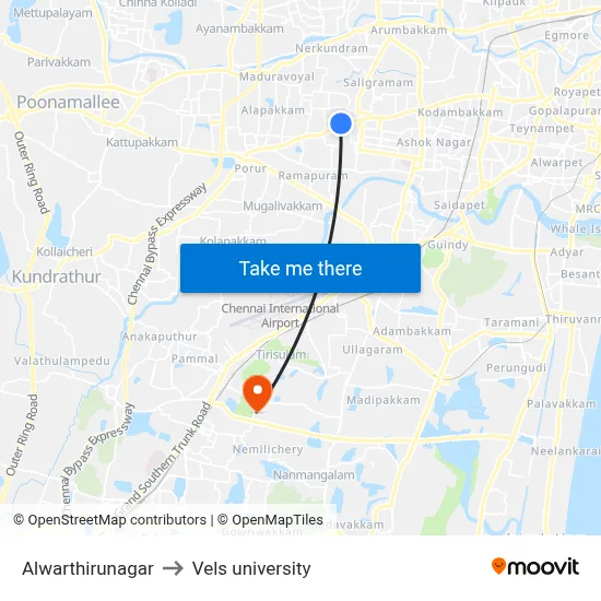 Alwarthirunagar to Vels university map