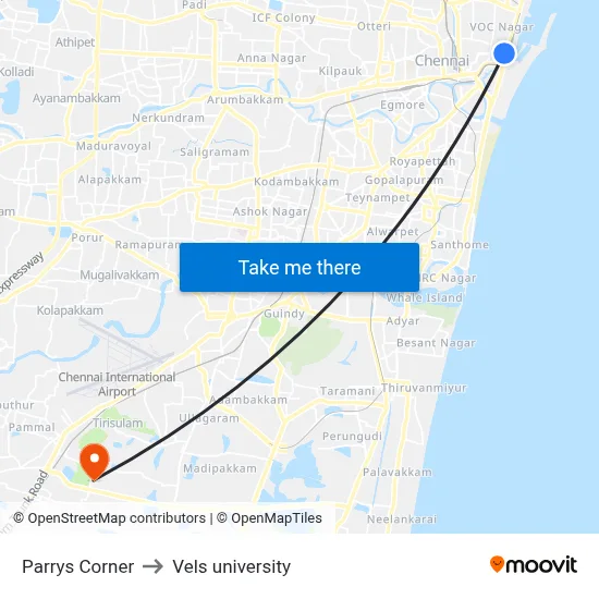 Parrys Corner to Vels university map