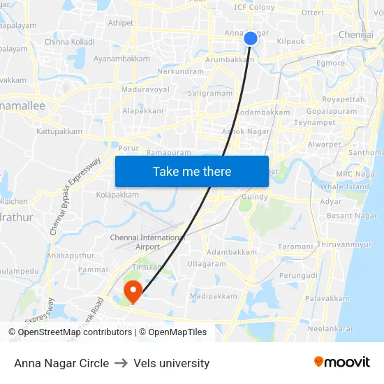Anna Nagar Circle to Vels university map