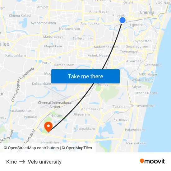 Kmc to Vels university map