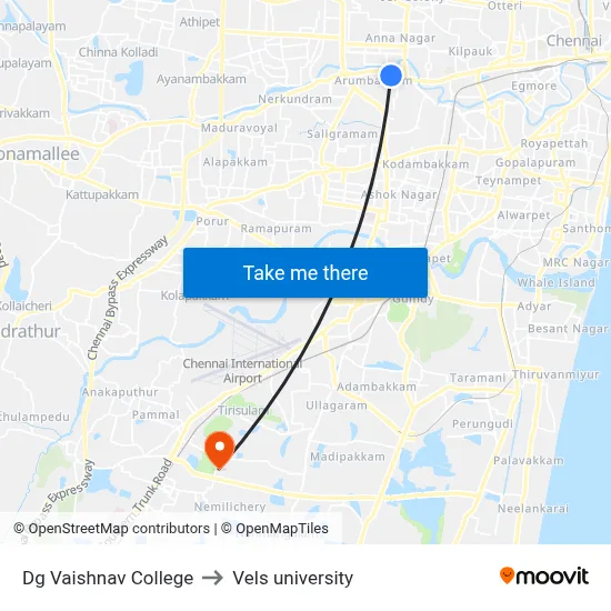 Dg Vaishnav College to Vels university map