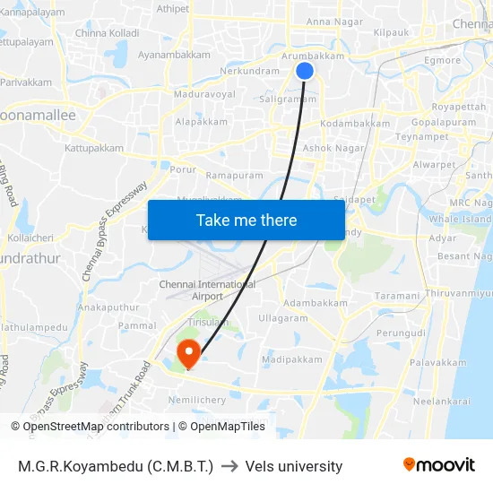 M.G.R.Koyambedu (C.M.B.T.) to Vels university map