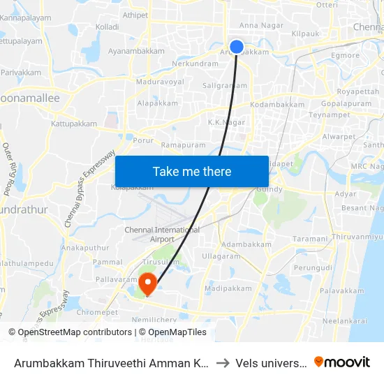 Arumbakkam Thiruveethi Amman Kovil to Vels university map