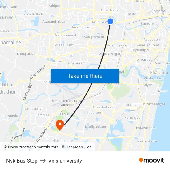 Nsk Bus Stop to Vels university map